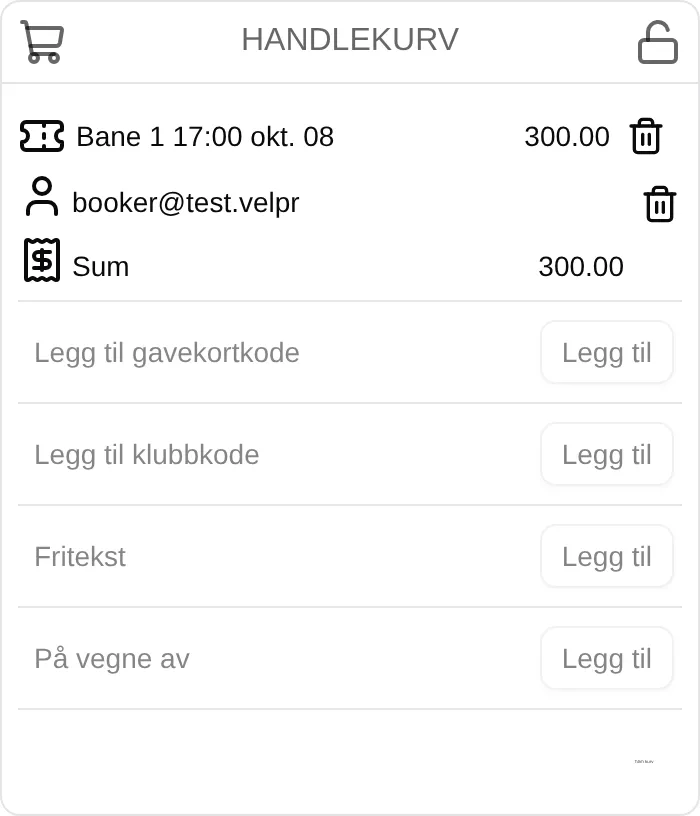 Handlekurven til en administrator, med en booking på vegne av en kunde
