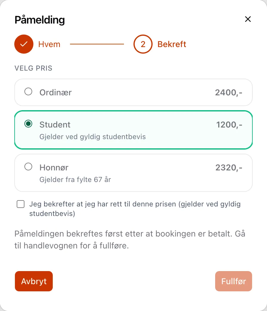 Velg pris i påmeldingsdialogen