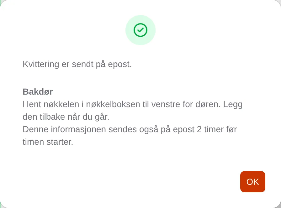 Adgangsinformasjon i bekreftelsen