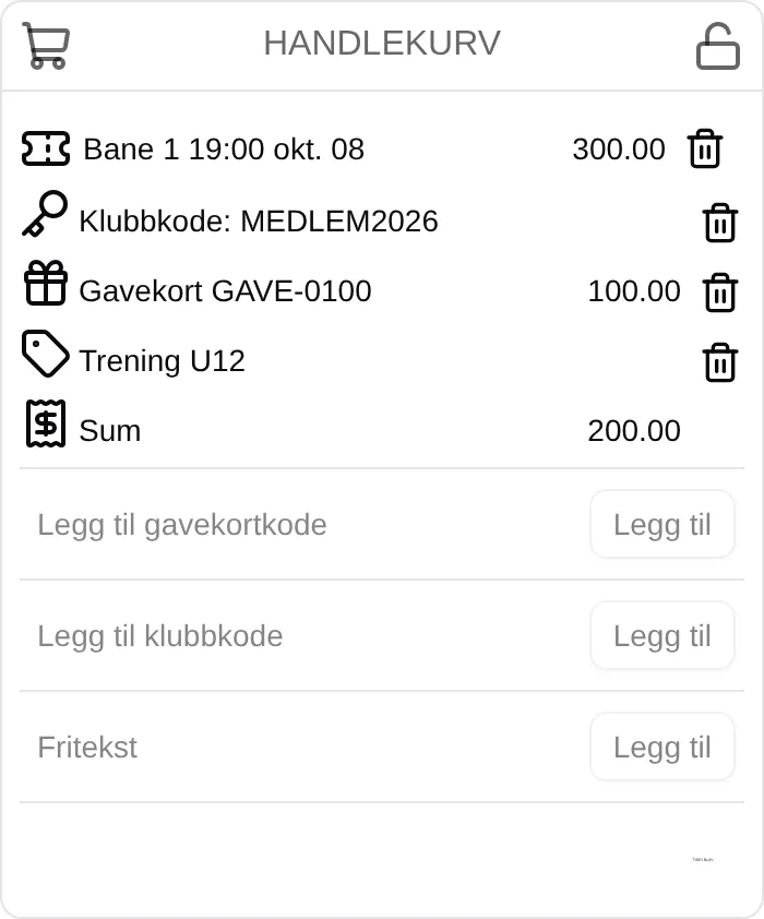 Handlekurven med en time, en klubbkode, et gavekort og en fritekst