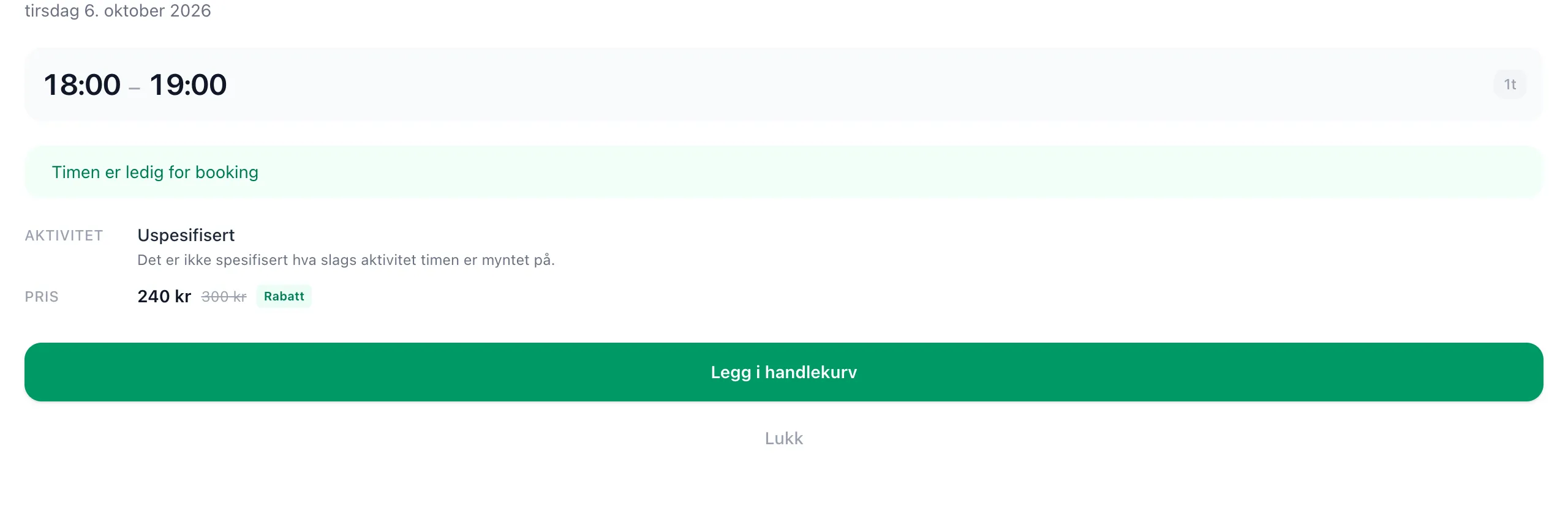 Infoboksen for en time med grupperabatt